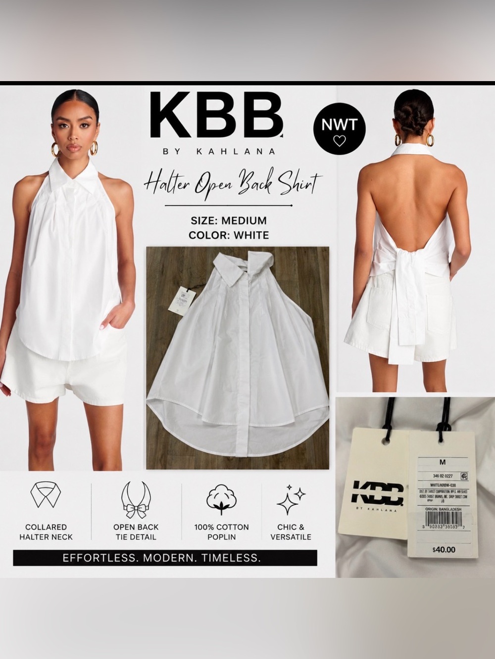KBB by Kahlana White Halter Open Back Top size medium nwt